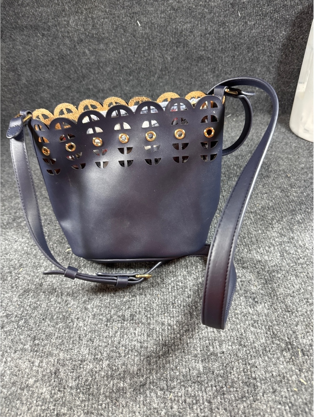 Womens Navy Blue Laser Cut Bucket Crossbody Bag Drawstring Shoulder Purse